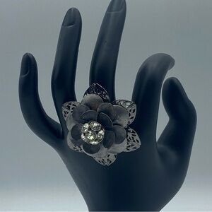 Gray Metal Silver Tone Rhinestone Tiered Flower Stretch Cocktail Ring Industrial